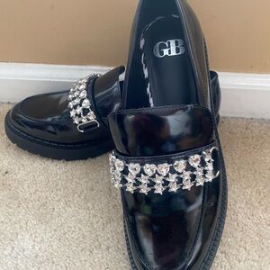 New GB Black Loafers with Rhinestone Embellishments